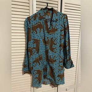 FARM Rio Teal and Brown Animal Print Blouse
